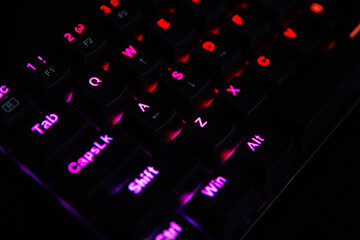 Fototapete - Gaming keyboard, close up. Mechanical rgb keyboard for computer games on dark backgound