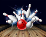Red Bowling Ball crashing into the pins on bowling alley line. Illustration of bowling strike