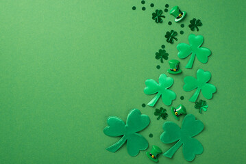 Top view photo of the green confetti different size and shades in shape of clovers and small hats on the green isolated background copyspace