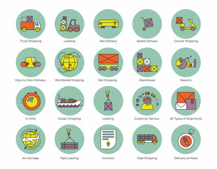  Set of logistics icons with blue background. Door to door delivery, in time, customer service, pipes delivery, loading, truck, rail, vessel, air delivery, worlwide, report, etc. Vector flat icons