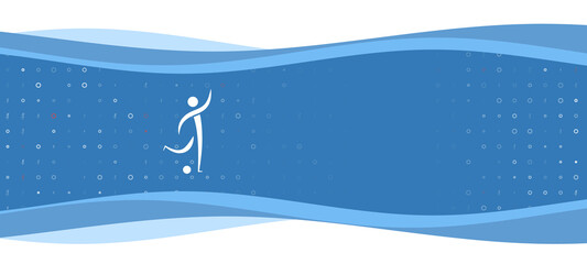 Poster - Blue wavy banner with a white football soccer symbol on the left. On the background there are small white shapes, some are highlighted in red. There is an empty space for text on the right side