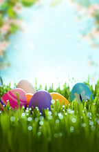Easter Eggs In Grass Against Blue Blooming Background. Spring Holidays Concept.