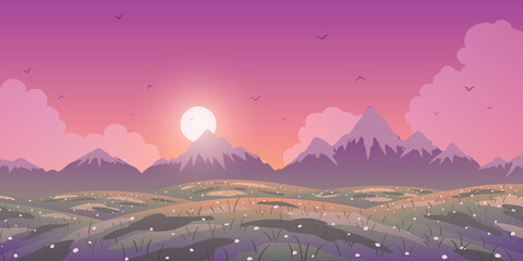Spring vector colorful landscape. Mountains and flowering meadow at sunset