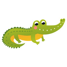 Cartoon Crocodile Character In Childish Style, Zoo Animal Isolated On White Background, Design Element For Poster Or Pattern, African Tropical Fauna, Alligator