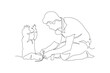 Father tightening shoes to son illustration continuous line drawing. Vector illustration.