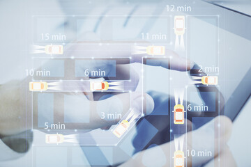 Poster - Double exposure of man's hands holding and using a digital device and automobile theme hologram drawing. Technology concept.