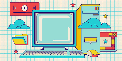 old computer monitor with copy space. retro desktop frame for quote or text. 80's - 90's editable ba