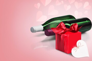 Sticker - Valentine's day decor giftbox in wrapping paper and wine bottle