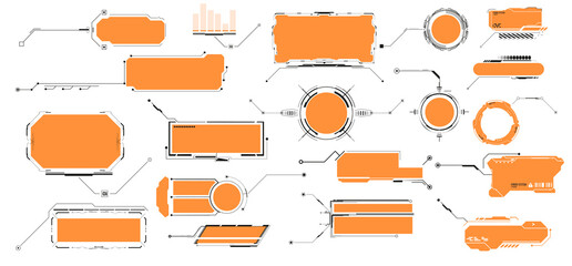Wall Mural - Digital callouts, titles frame text, HUD style. Labels callouts with headers information call interface panels and information blocks. Design title bar for infographics, advertising, video production.