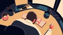 Inspiring Digital Art Illustration Of Exhausted Man In Front Of A Computer, With His Head Down On A Desk With Subtle Colors Including Coral And Blush.