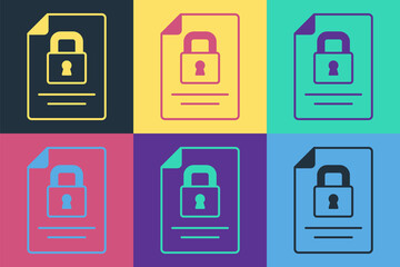 Poster - Pop art Document and lock icon isolated on color background. File format and padlock. Security, safety, protection concept. Vector