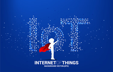 Poster - Silhouette of kid in superhero suit flying with Polygon dot connect line shaped IoT wording . Concept for telecommunication and internet of things.