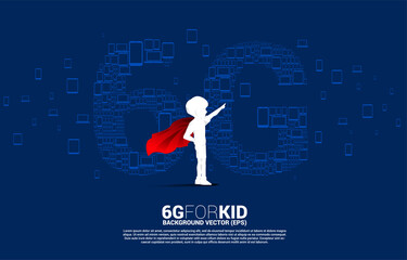 Poster - Silhouette of kid in superhero suit with 6G mobile networking from multiple device. Concept for child and mobile sim card technology and network.