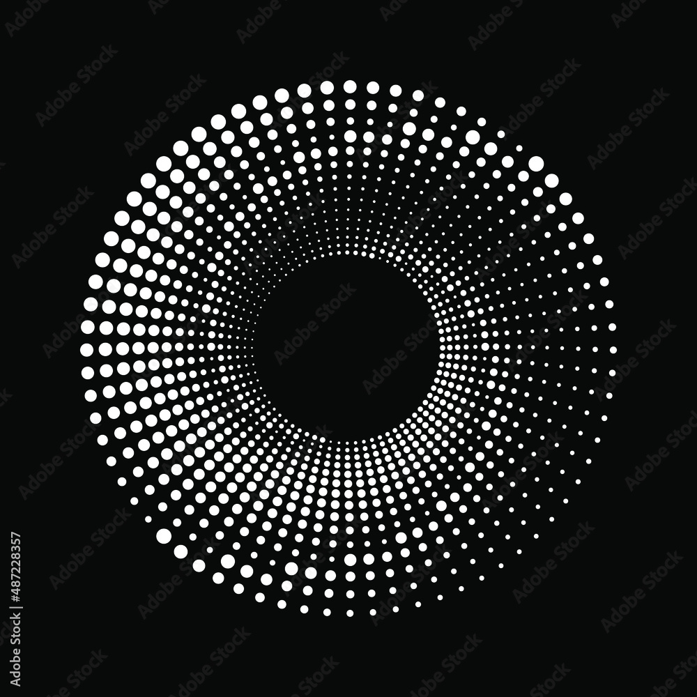White halftone dots in circle form. Dotted design element for border ...