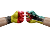 Fototapeta  - Two hands punch to each others on white background. Country flags painted fists, conflict crisis concept between belgium and mozambique