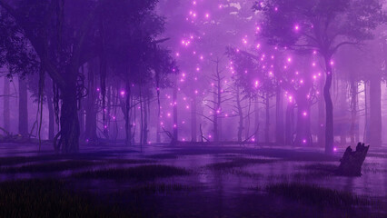 Wall Mural - supernatural fairy firefly lights flying around creepy dead trees in swampy mystical night forest. f