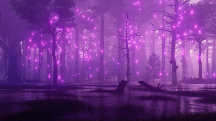 Wall Mural - mysterious forest swamp with magical firefly lights soaring in the air at dark misty night. fantasy 