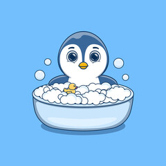  cute penguin taking bath with duck toy and bubbles