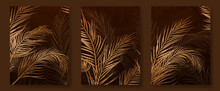 Luxury Floral Dark Brown Background With Golden Palm Leaves. Botanical Art Banner For Design Decoration, Decor, Web, Wallpaper, Textile