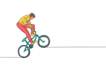 Wall Mural - One single line drawing of young bmx bicycle rider performing freestyle trick on street vector illustration. Extreme sport concept. Modern continuous line draw design for freestyle competition banner