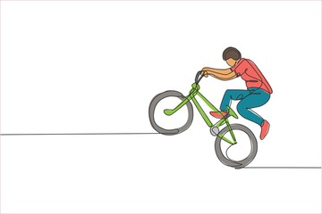 Poster - Single continuous line drawing of young BMX cycle rider show extreme risky trick in skatepark. BMX freestyle concept. Trendy one line draw design vector illustration for freestyle promotion media