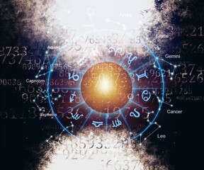 Zodiac signs inside of horoscope circle. Astrology in the sky with stars and moons  astrology and horoscopes concept