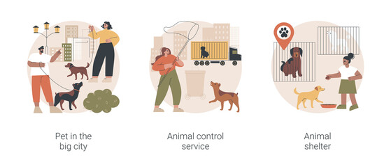 Poster - Urban pets abstract concept vector illustration set. Pet in the big city, animal control service, animal shelter volunteer, rescue service, walking place, stray dogs and cats abstract metaphor.