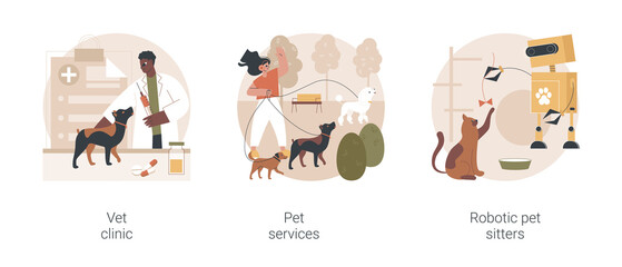 Poster - Animal services abstract concept vector illustration set. Vet clinic, pet services, robotic pet sitters, dog walking, grooming salon, veterinary hospital medical care, vaccination abstract metaphor.