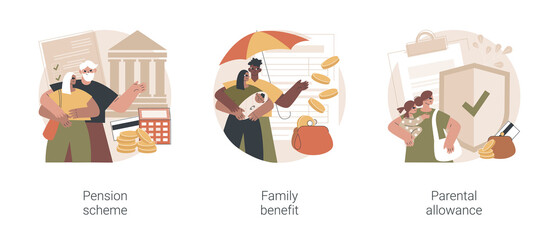 Poster - Family budget abstract concept vector illustration set. Pension scheme, family benefit, parental allowance, retirement plan, payment per child, maternity leave, finance adviser abstract metaphor.
