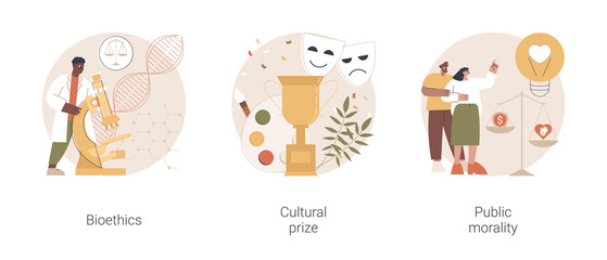 Poster - Culture and ethics abstract concept vector illustration set. Bioethics and genetic biotechnology, cultural prize, public morality and ethical standards, nobel laureate, life science abstract metaphor.