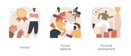 Poster - Social abilities abstract concept vector illustration set. Honour and high moral principles, human relations, personal development, public respect, self improvement, coach abstract metaphor.