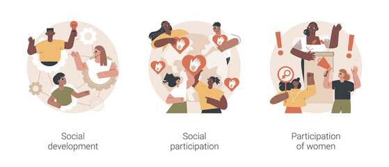 Poster - Social skills competence abstract concept vector illustration set. Social development and participation, women role in society and politics, gender equality rights, volunteering abstract metaphor.
