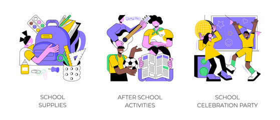 Poster - school year abstract concept vector illustration set. school supplies, after school activities, cele