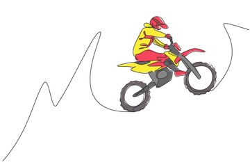 Poster - One continuous line drawing of young motocross rider jumping fly high into the air. Extreme sport concept. Dynamic single line draw design vector graphic illustration for motocross competition poster