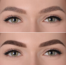 Collage With Photos Of Young Woman Before And After Permanent Makeup Procedure, Closeup
