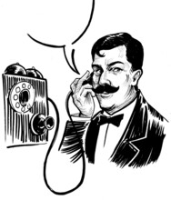 Gentleman Speaking Over Retro Telephone. Ink Black And White Drawing