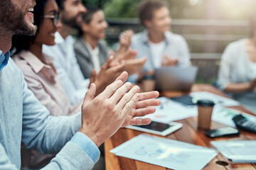 Poster - Ready with their round of applause. Shot of a group of colleagues applauding during a meeting at a cafe.