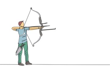 Poster - One continuous line drawing of young archer man pulling bow to shooting an archery target. Archery sport training and exercising concept. Dynamic single line draw design graphic vector illustration