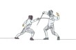 Single continuous line drawing two young pro fencer athlete women in fencing mask and rapier duel at arena. Fighting sport competition concept. Trendy one line draw design graphic vector illustration