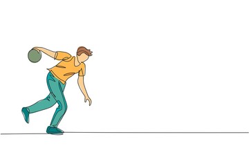 Poster - One single line drawing of young talented bowling player man throw ball to hit bowling pins graphic vector illustration. Healthy people lifestyle and sport concept. Modern continuous line draw design