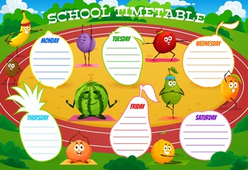 Wall Mural - School timetable schedule, cartoon fruits characters on yoga. Vector educational planner with banana, plum, garnet and kiwi, watermelon, pear, mango and mandarin with orange personage