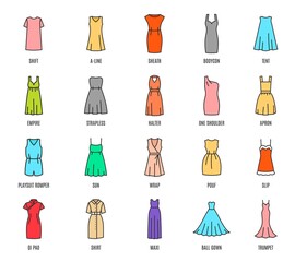 Color woman dresses isolated icons, female fashion clothes types, vector. Women wear and dress models with names, casual tops and skirts shapes, bodycon and shirt apron and playsuit dress