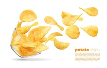 Falling Wavy Potato Chips, Glass Bowl With Flying Chips. Realistic 3d Vector Crunchy Snack In Motion. Delicious Food Advert, Crisp Meal Promotion With Chips And Fallen Transparent Bowl