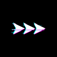 Poster - Way pointer arrow pointing jump forward right on malfunction distortion display with glitch effect, three arrows. Vector pointer, digital noise, ui game interface panel design element, navigation sign