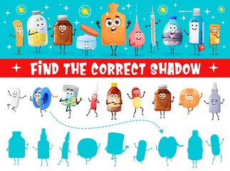 Aufkleber - Find the correct shadow maze worksheet of cartoon vector drugs, pill and medication characters. Kids education puzzle game or quiz with silhouettes of drops and spray bottles, capsules, pills, plaster