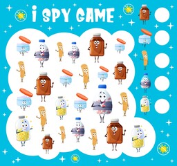 Aufkleber - I spy game worksheet of vector pill and medication characters. Maths kids game or puzzle with task of find and count cartoon bottles of sugar coated pills, capsules and syrup, adhesive plaster, cream