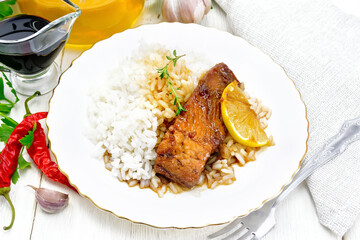 Poster - Salmon with sauce in plate on white board