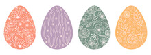 Set Silhouettes Easter Eggs With Spring Flowers, Leafs And Branch. Illustration Colorful And Minimalistic Easter Eggs. Vector