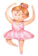 Little girl in pink fancy dress of ballerina. Cute watercolor illustration. Girl dancing. Hand-drawn picture for decoration, print