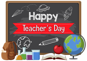 Poster - Happy Teacher's Day with a female teacher pointing on chalkboard